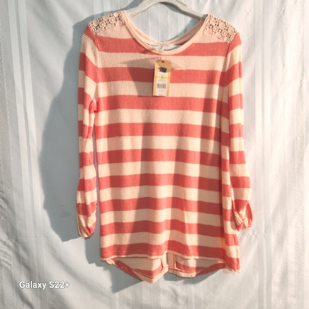 RED CAMEL Est 31 PULLOVER LONGSLEEVE ORANGE/CREAM STRIPED LACE DETAIL SZ MEDIUM